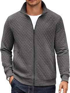 Mens Zip Up Sweatshirt Mock Neck Quilted Jacket Casual Lightweight Sweater Jackets with Pocket